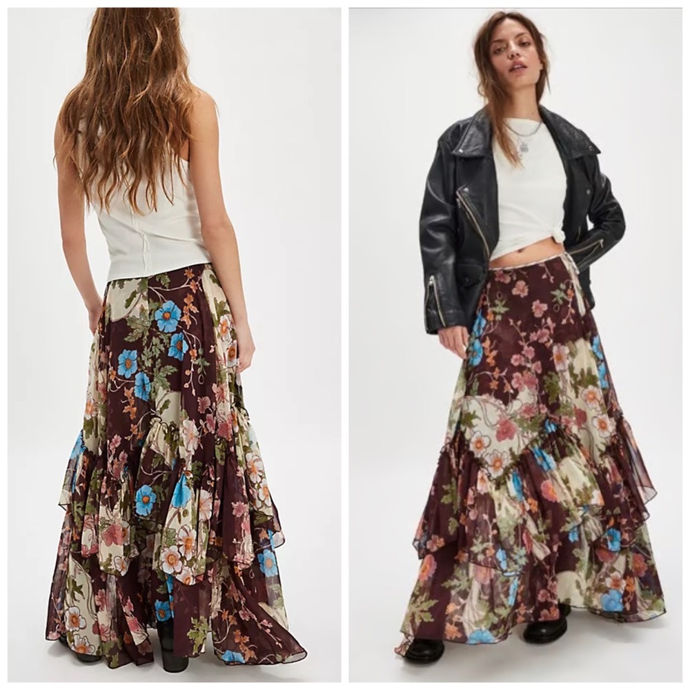 Free People Palermo Villa Chiffon Maxi Skirt Ruffle‎ Floral Size 2